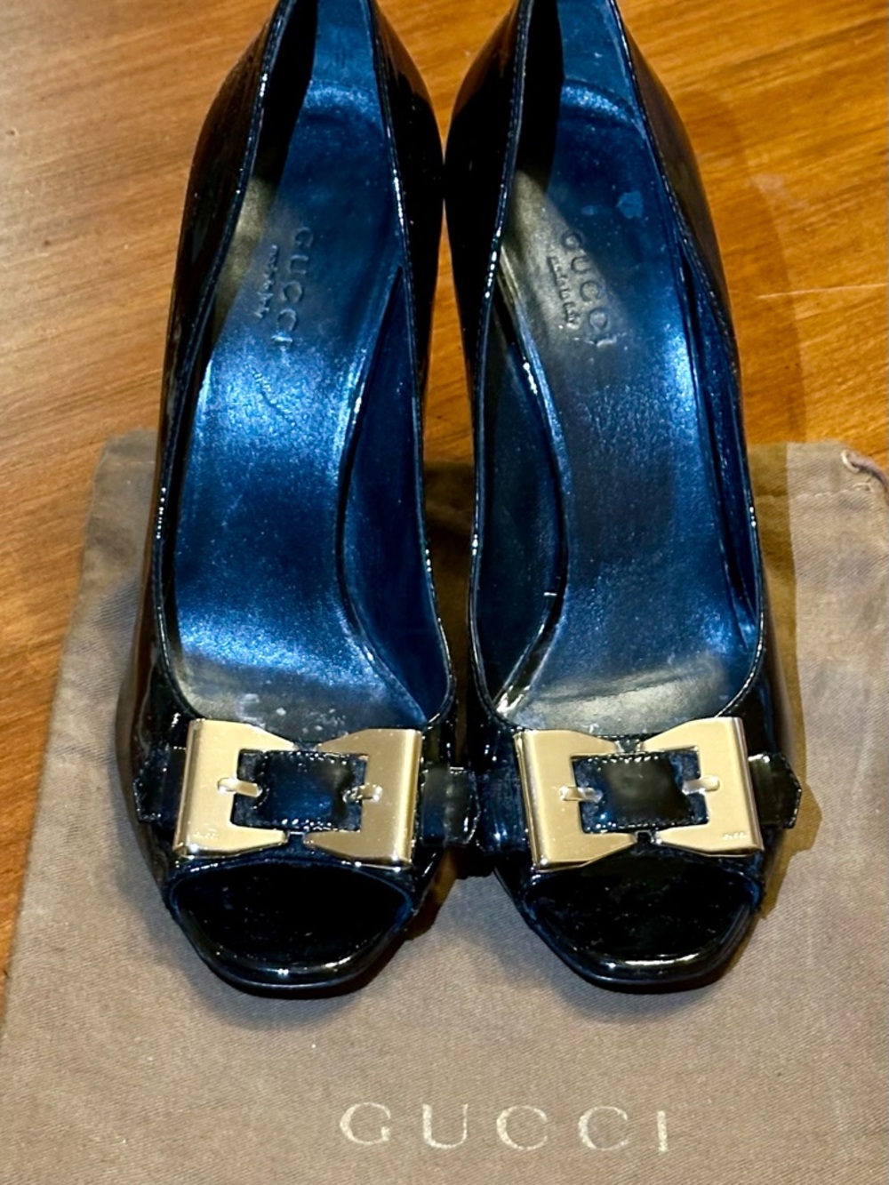 Gucci Black Patent Leather Peep-Toe Heels with Gold Buckle Accent-Size 7